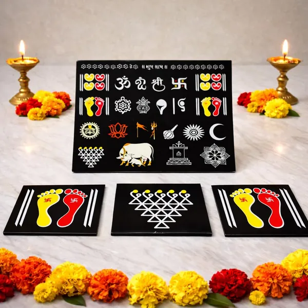 Kamdhenu_Cow_Black_Chitrangan_Combo_Set_7x6_Inch_Wooden_Frame_With_Lakshmi_Charan_Saraswati_Yantra_Set_Of_4_Reusable_Ready_Rangoli_For_Pooja_Room_Mandir_Home_Entrance