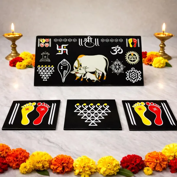 Kamdhenu_Cow_Black_Chitrangan_Combo_Set_12x6_Inch_Wooden_Frame_With_Lakshmi_Charan_Saraswati_Yantra_Pack_Of_4_Reusable_Ready_Rangoli_For_Pooja_Room_Mandir_Home_Entrance