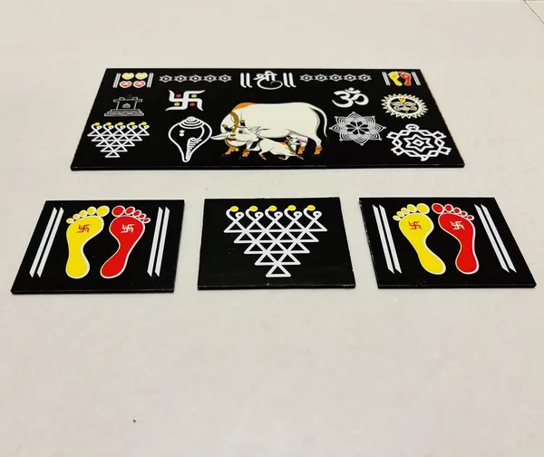 Kamdhenu_Cow_Black_Chitrangan_Combo_Set_12x6_Inch_Wooden_Frame_With_Lakshmi_Charan_Saraswati_Yantra_Pack_Of_4_Reusable_Ready_Rangoli_For_Pooja_Room_Mandir_Home_Entrance