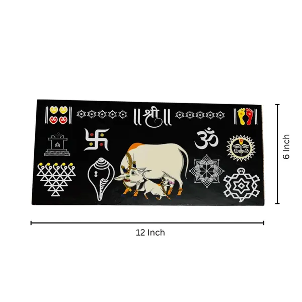 Kamdhenu_Cow_Black_Chitrangan_Combo_Set_12x6_Inch_Wooden_Frame_With_Lakshmi_Charan_Saraswati_Yantra_Pack_Of_4_Reusable_Ready_Rangoli_For_Pooja_Room_Mandir_Home_Entrance