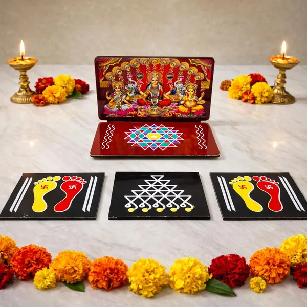 Lakshmi_Chowki_Red_Chitrangan_Combo_Set_6x4_Inch_Wooden_Altar_With_Lakshmi_Charan_Saraswati_Yantra_Pack_Of_4_Reusable_Ready_Rangoli_For_Pooja_Room_Diwali_Decor_Mandir