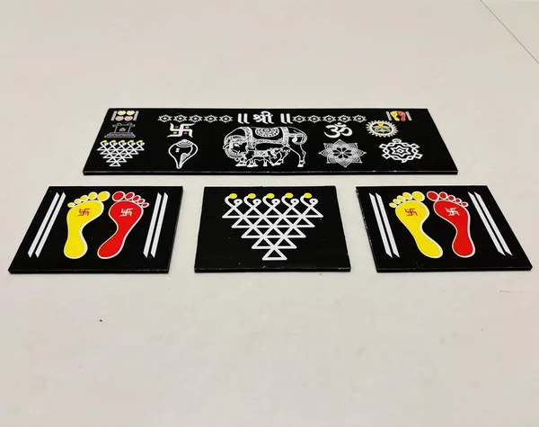 Kamdhenu_Cow_Black_Chitrangan_Combo_Set_12x4_Inch_Wooden_Frame_With_Lakshmi_Charan_Saraswati_Yantra_Set_Of_4_Reusable_Ready_Rangoli_For_Pooja_Room_Mandir_Home_Entrance