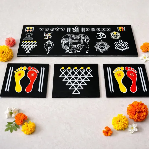 Kamdhenu_Cow_Black_Chitrangan_Combo_Set_12x4_Inch_Wooden_Frame_With_Lakshmi_Charan_Saraswati_Yantra_Set_Of_4_Reusable_Ready_Rangoli_For_Pooja_Room_Mandir_Home_Entrance