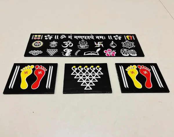 Ganpati_Black_Chitrangan_Combo_Set_12x4_Inch_Wooden_Frame_With_Lakshmi_Charan_Saraswati_Yantra_Set_Of_4_Reusable_Ready_Rangoli_For_Pooja_Room_Mandir_Home_Entrance