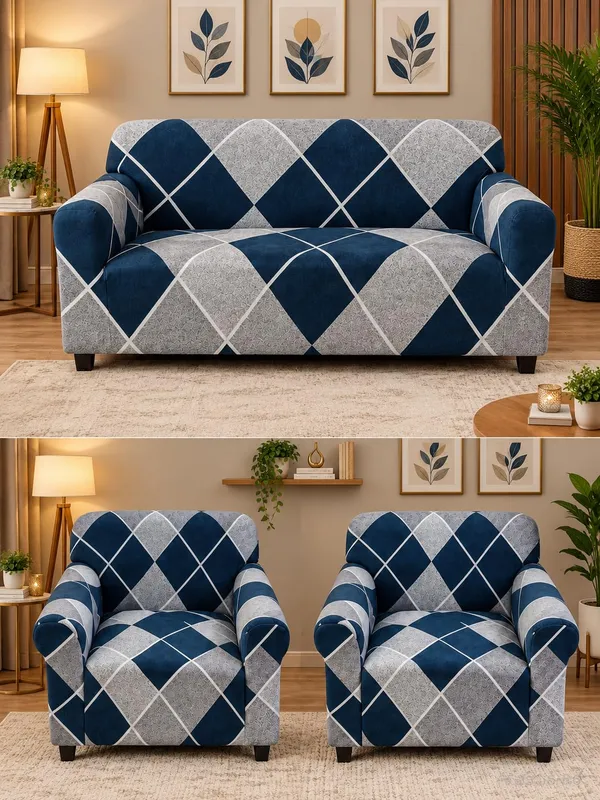 Gifts_Island_Polyester_3+1+1_Seater_Sofa_Abstract_Cover_Pack_of_3_Blue_Check_