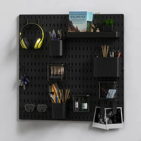 Gifts_Island®_Pegboard_Wall_Organiser_Set_with_4_Boards,_16_Accessories_&_Self-Adhesive_Stickers,_Customisable_Storage_System_for_Office,_Kitchen,_Pegboard_Wall_Hanging_(20,_Black)