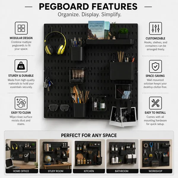 Gifts_Island®_Pegboard_Wall_Organiser_Set_with_4_Boards,_16_Accessories_&_Self-Adhesive_Stickers,_Customisable_Storage_System_for_Office,_Kitchen,_Pegboard_Wall_Hanging_(20,_Black)