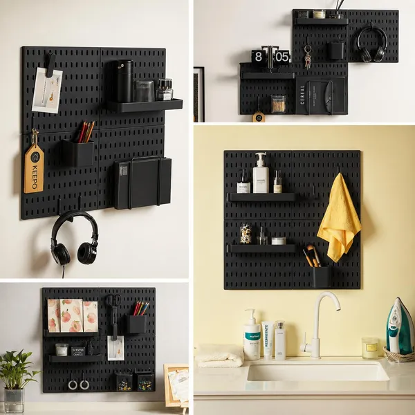 Gifts_Island®_Pegboard_Wall_Organiser_Set_with_4_Boards,_16_Accessories_&_Self-Adhesive_Stickers,_Customisable_Storage_System_for_Office,_Kitchen,_Pegboard_Wall_Hanging_(20,_Black)