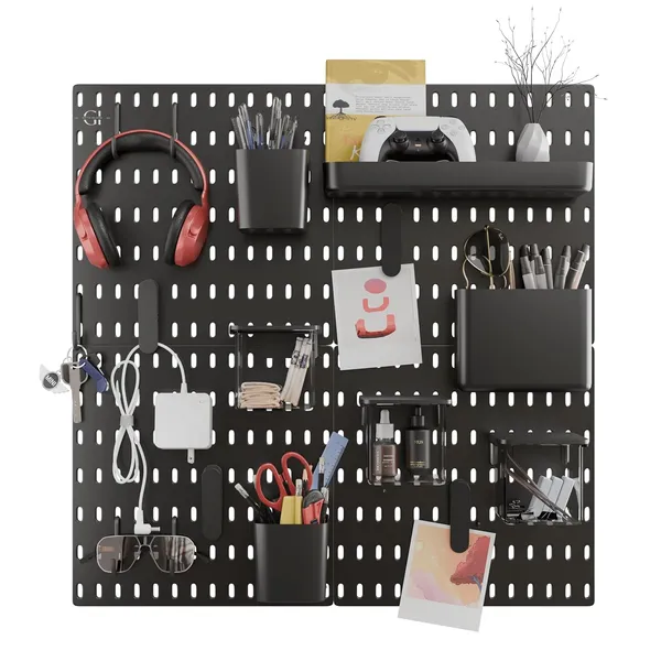 Gifts_Island®_Pegboard_Wall_Organiser_Set_with_4_Boards,_16_Accessories_&_Self-Adhesive_Stickers,_Customisable_Storage_System_for_Office,_Kitchen,_Pegboard_Wall_Hanging_(20,_Black)