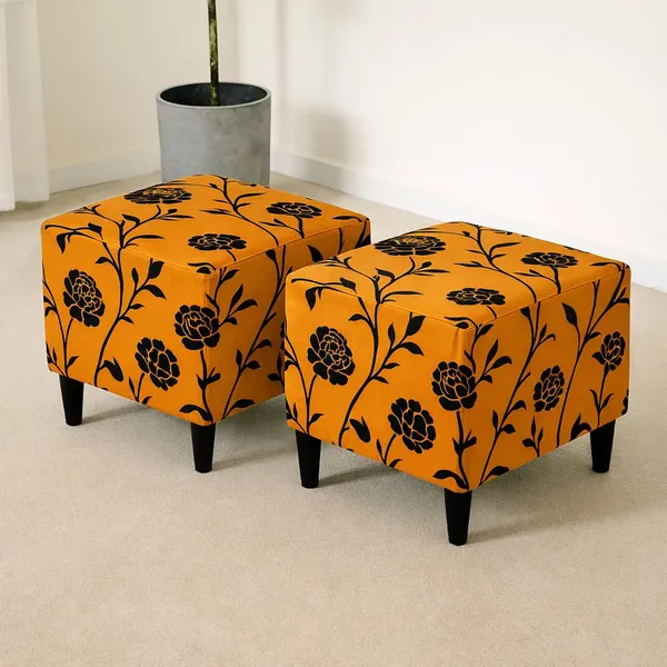 Gifts_Island_Polyester_1_Seater_Chair_Floral_Cover_(Pack_Of_2_Gold_Black_Floral_Stretchable_Ottoman_Cover_For_Square_Footrest,Puffy)