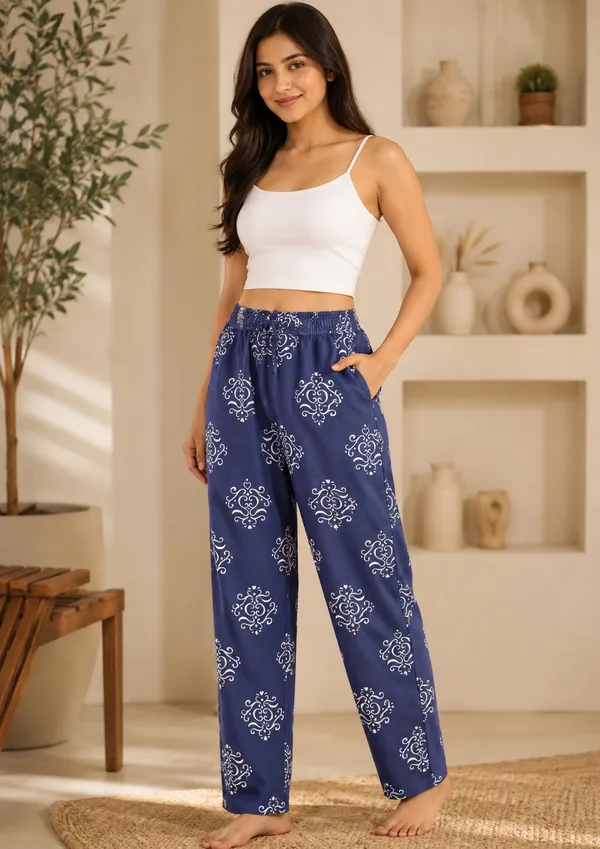 Indigo_Blue_Floral_Print_Cotton_Pants_For_Women