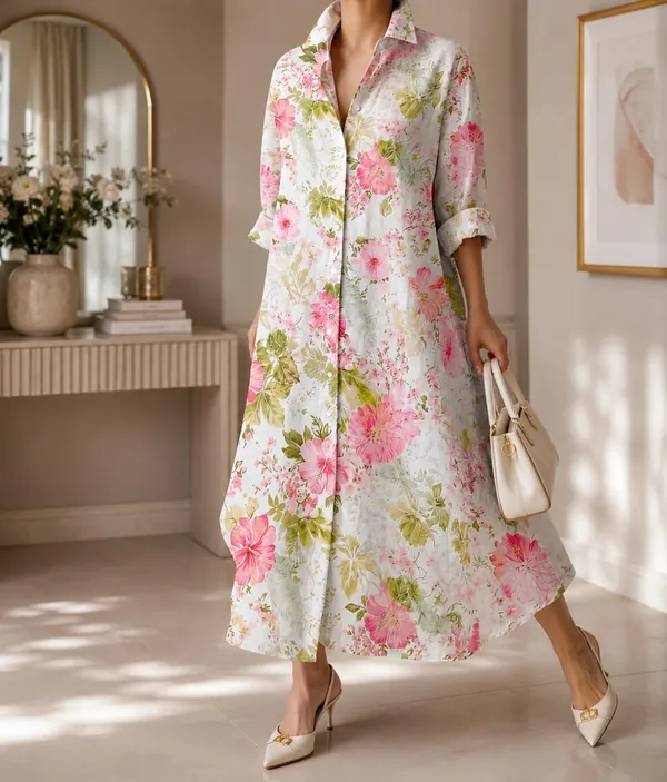 White_And_Pink_Floral_Printed_Long_Shirt_Dress_For_Women