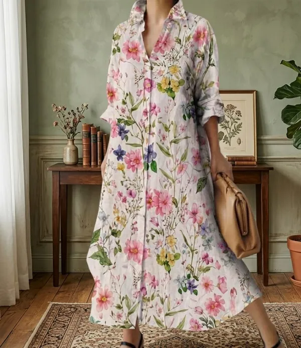 White_Cotton_Blend_Floral_Printed_Long_Shirt_Dress_For_Women