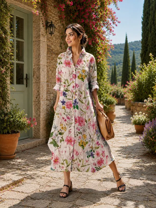 White_Cotton_Blend_Floral_Printed_Long_Shirt_Dress_For_Women