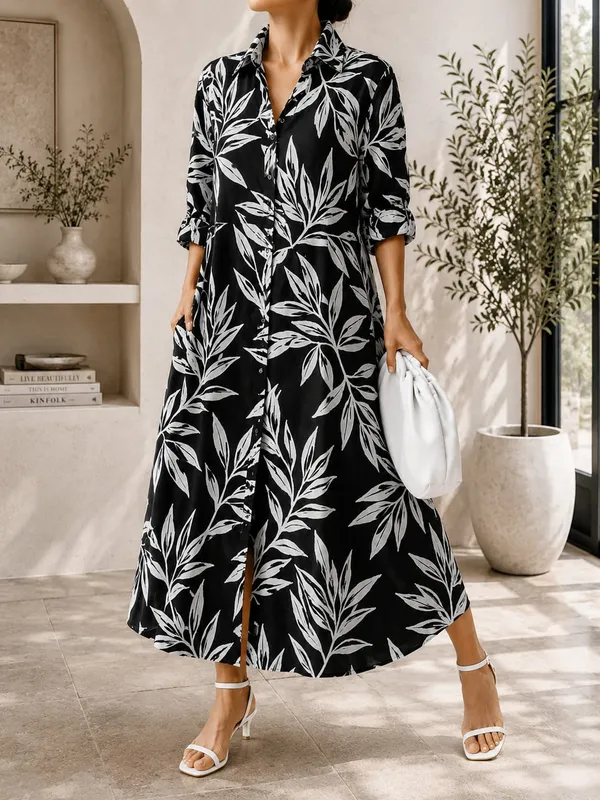 Black_And_White_Urban_Flow_Leaf_Digital_Print_Shirt_Dress
