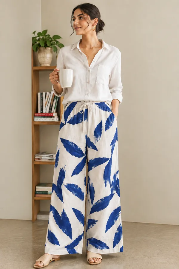 Blue_Botanical_Print_Cotton_Pants_For_Women