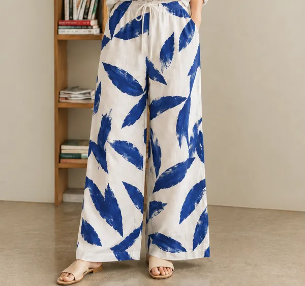Blue_Botanical_Print_Cotton_Pants_For_Women