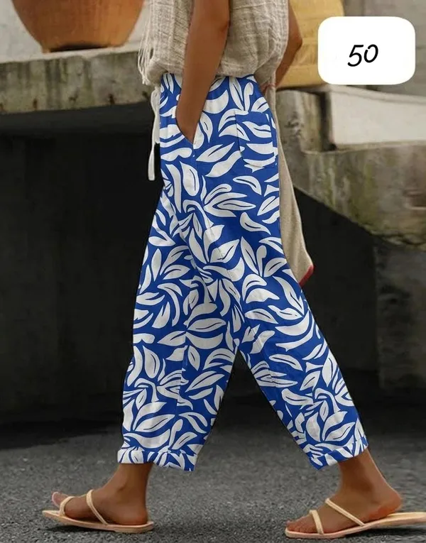 Blue_Floral_Print_Cotton_Pants_For_Women