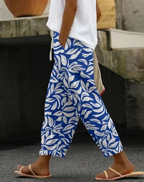 Blue_Floral_Print_Cotton_Pants_For_Women