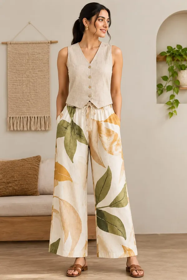 Green_And_Beige_Botanical_Print_Cotton_Pants_For_Women