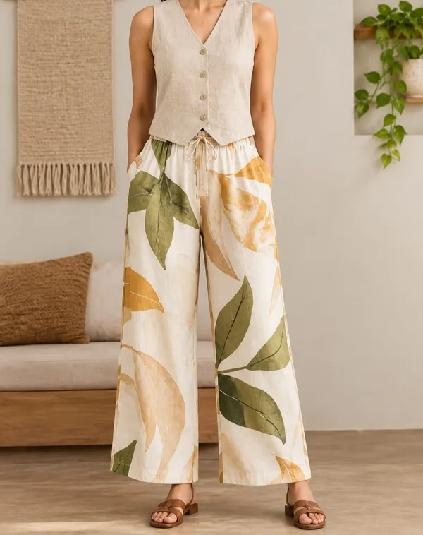 Green_And_Beige_Botanical_Print_Cotton_Pants_For_Women