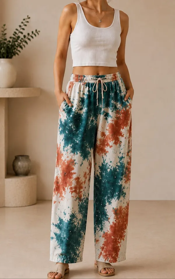 Green_And_Orange_Tie_-_dye_Print_Cotton_Pants_For_Women