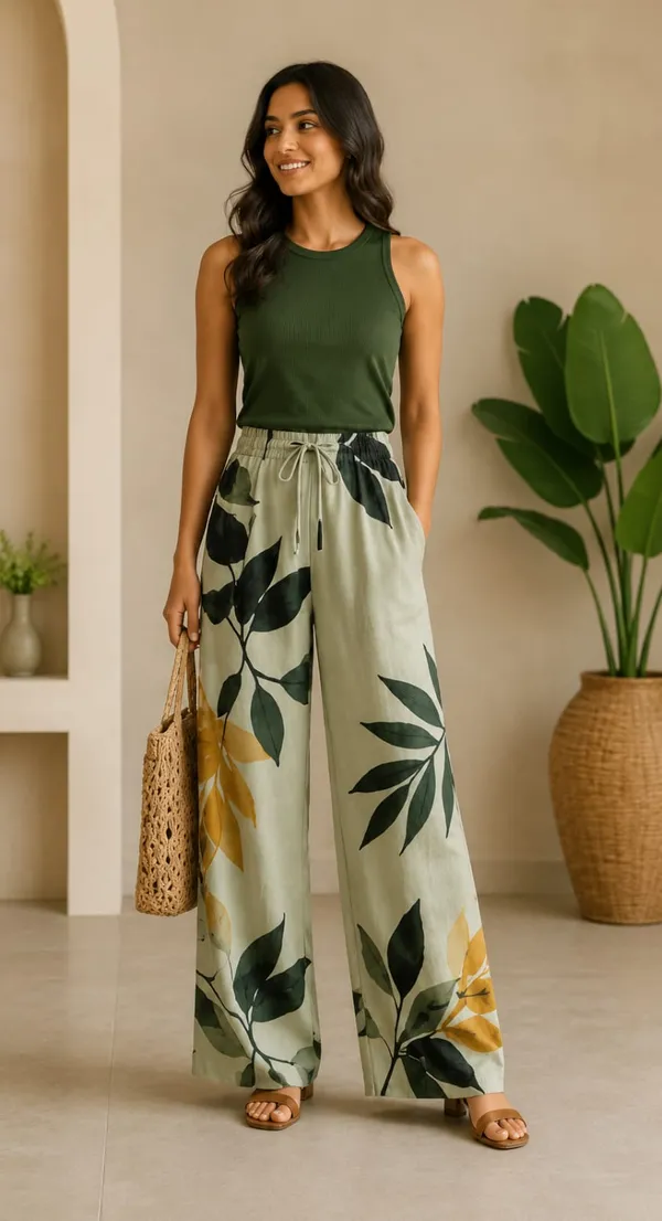 Green_Tropical_Leaf_Print_Cotton_Pants_For_Women
