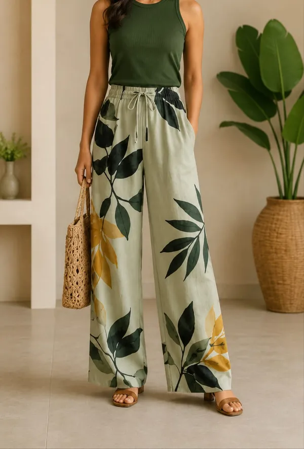 Green_Tropical_Leaf_Print_Cotton_Pants_For_Women