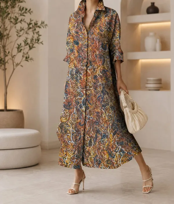 Brown_Printed_Long_Shirt_Dress_For_Women