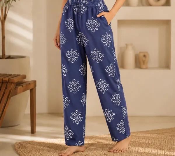 Indigo_Blue_Floral_Print_Cotton_Pants_For_Women