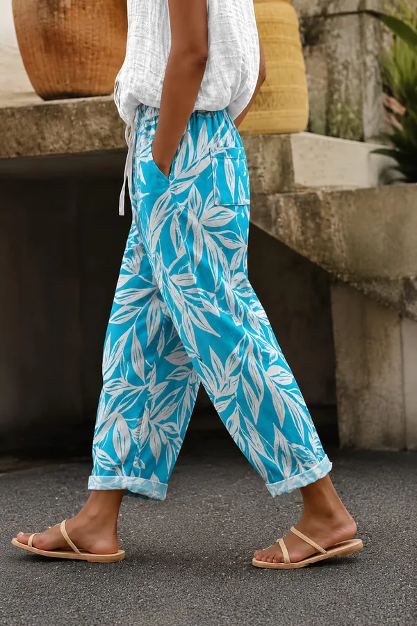 Ocean_Leaf_Print_Cotton_Pants_For_Women