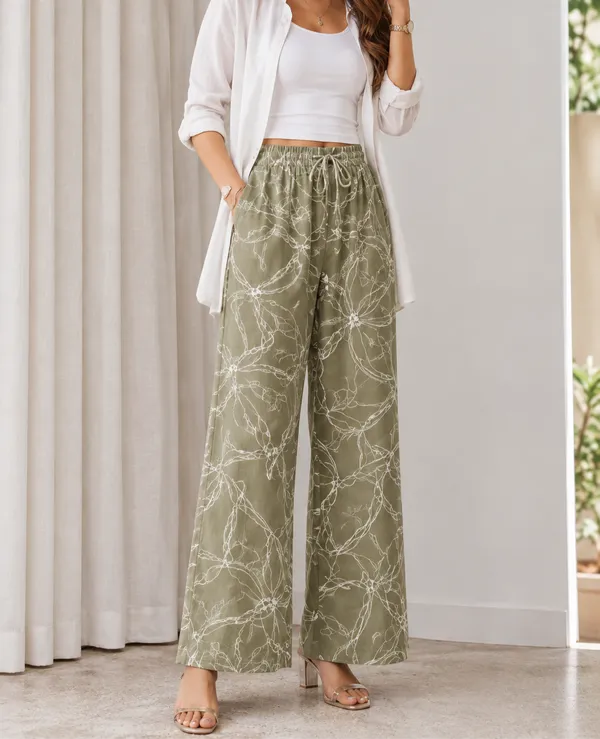 Olive_Green_And_White_Print_Cotton_Pants_For_Women