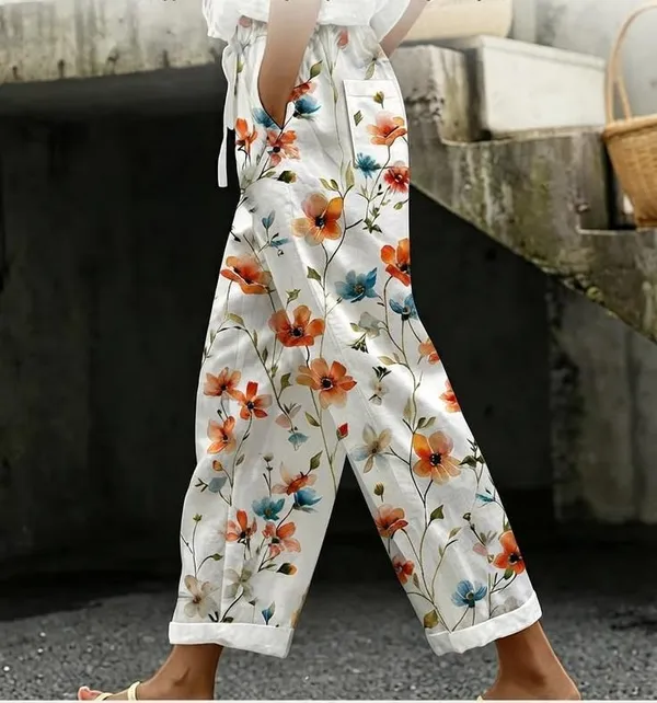 Orange_And_Blue_Floral_Print_Cotton_Pants_For_Women