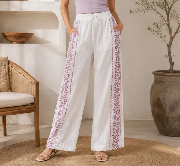 White_And_Pink_Floral_Print_Cotton_Pants_For_Women