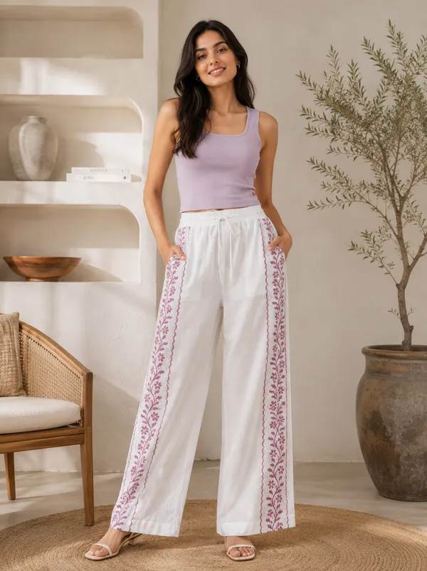 White_And_Pink_Floral_Print_Cotton_Pants_For_Women