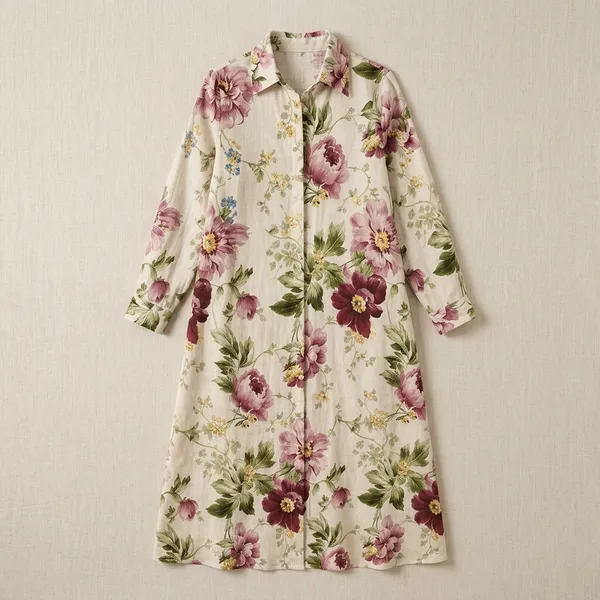 Cream_Cotton_Blend_Floral_Printed_Long_Shirt_Dress_For_Women