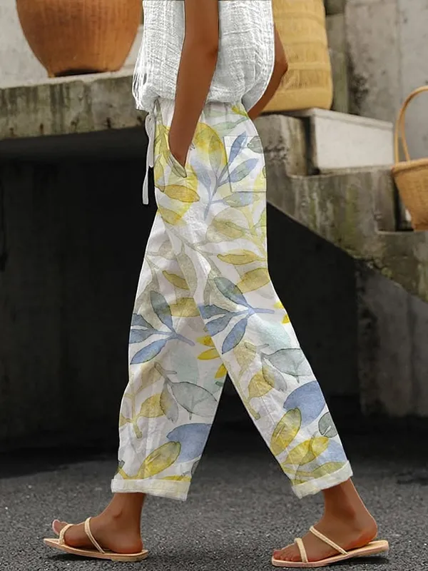 Vibrant_Color_Botanical_Leaf_Print_Cotton_Pants_For_Women