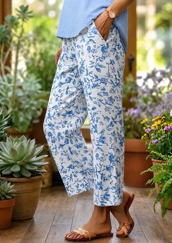 White_And_Blue_Floral_Print_Cotton_Pants_For_Women