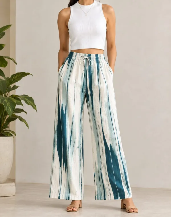 White_And_Blue_Tie-Dye_Print_Cotton_Pants_For_Women