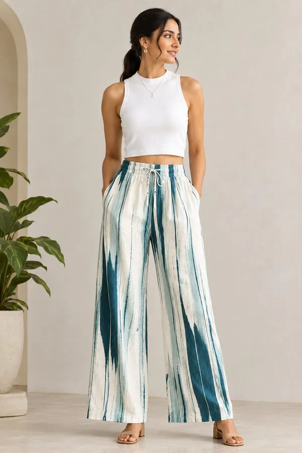 White_And_Blue_Tie-Dye_Print_Cotton_Pants_For_Women