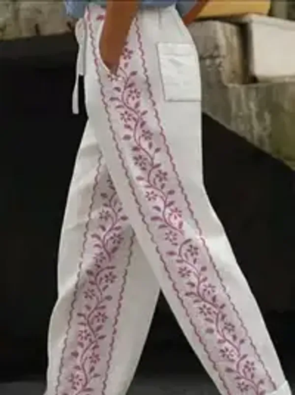 White_And_Pink_Floral_Print_Cotton_Pants_For_Women