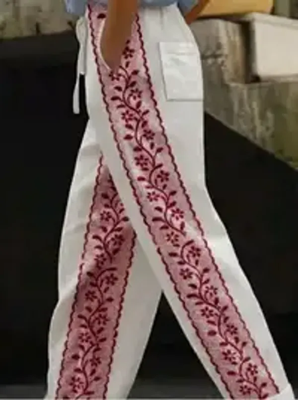 White_And_Red_Floral_Print_Cotton_Pants_For_Women