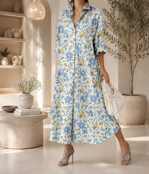White_Floral_Long_Shirt_Dress_For_Women