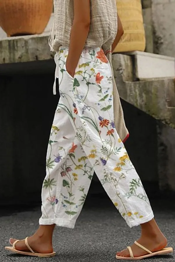 White_Floral_Print_Cotton_Pants_For_Women