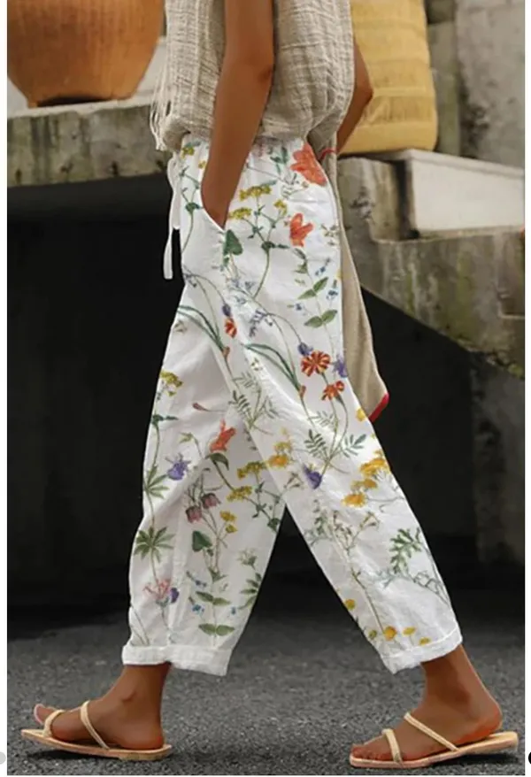 White_Floral_Print_Cotton_Pants_For_Women