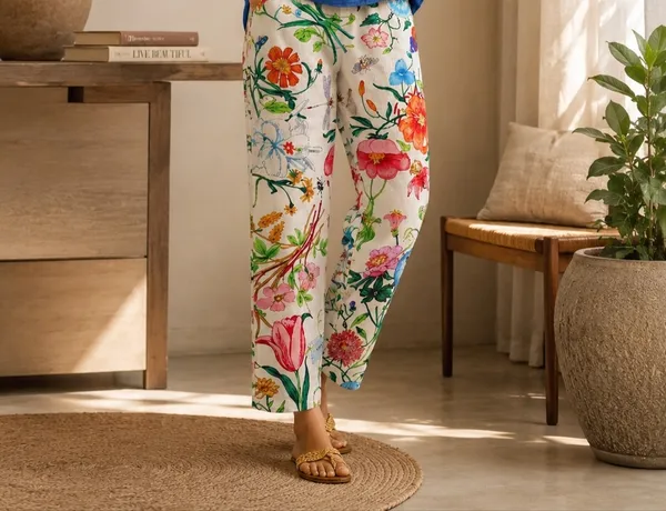 White_Floral_Print_Cotton_Pants_For_Women