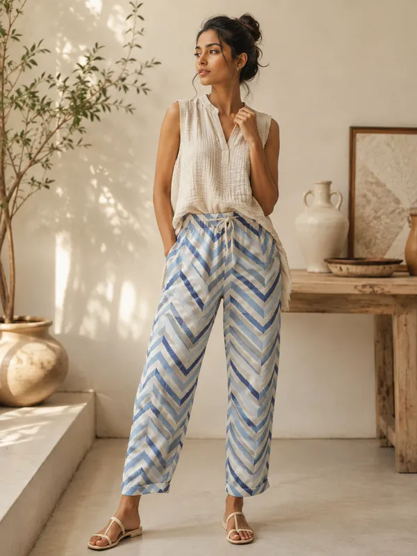 White_Line_Print_Cotton_Pants_For_Women
