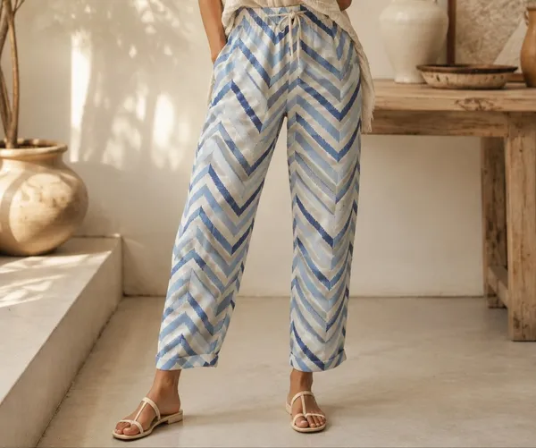 White_Line_Print_Cotton_Pants_For_Women
