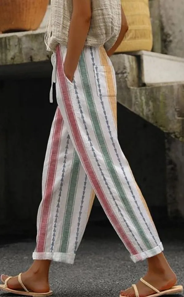 White_Multi_Color_Cotton_Pants_For_Women