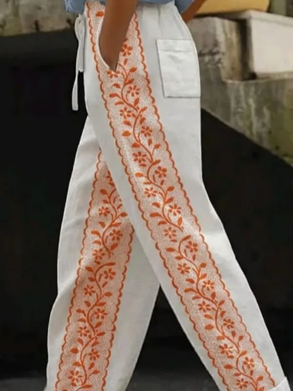 White_And_Orange_Floral_Print_Cotton_Pants_For_Women